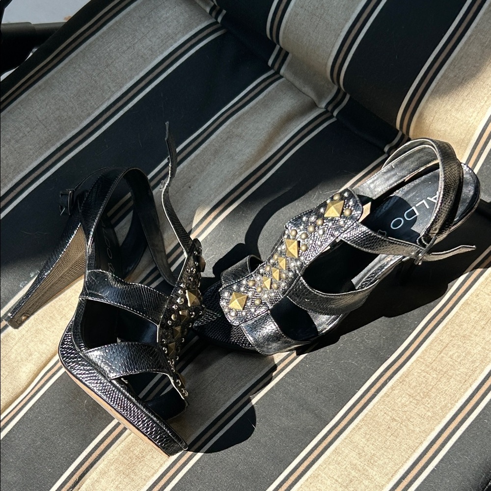 ALDO’s Women’s Blk Alligator print Leather Studded Heel Sandals with platform.